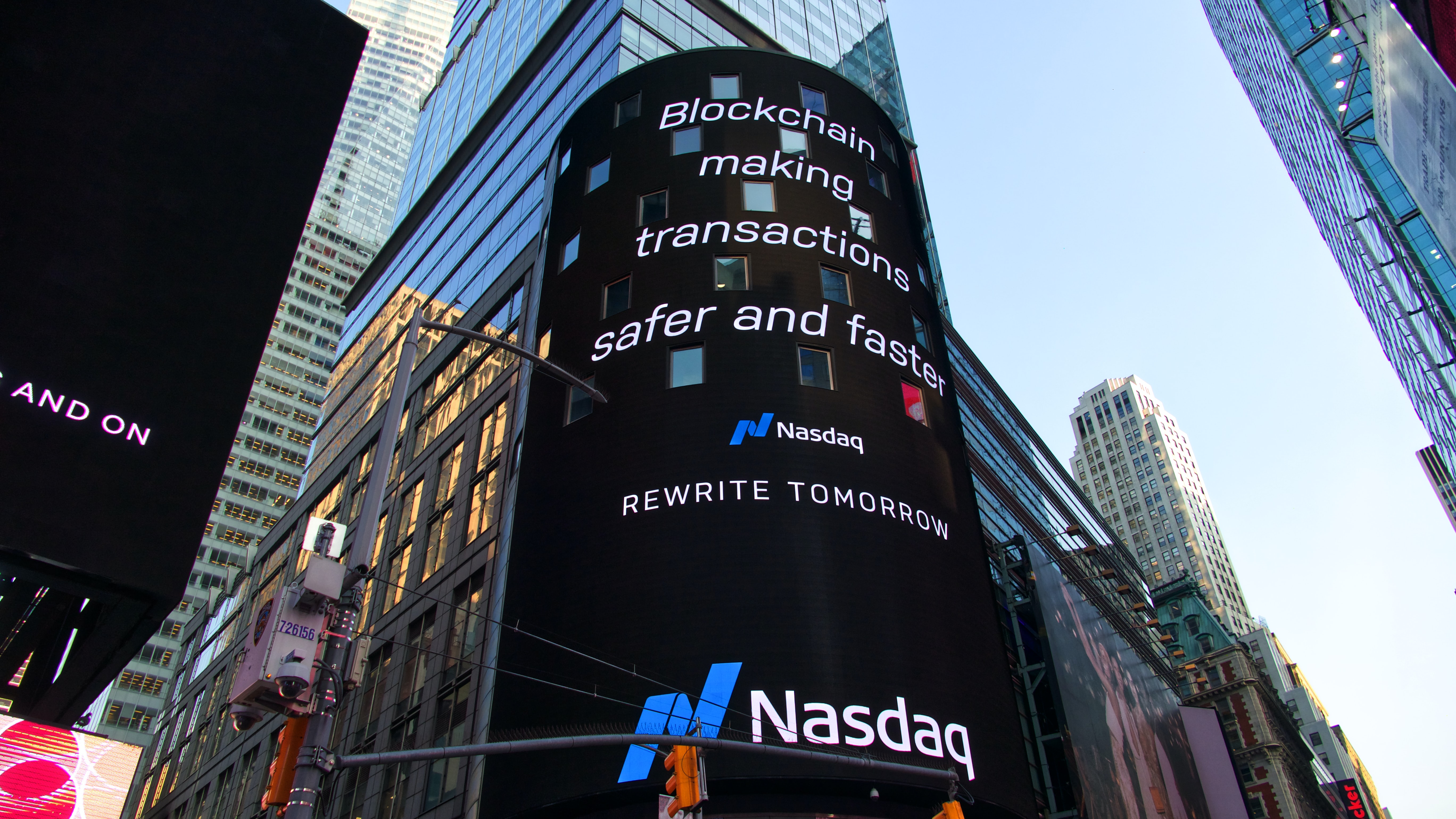 An advertisement for Blockchain at Times Square in New York City.